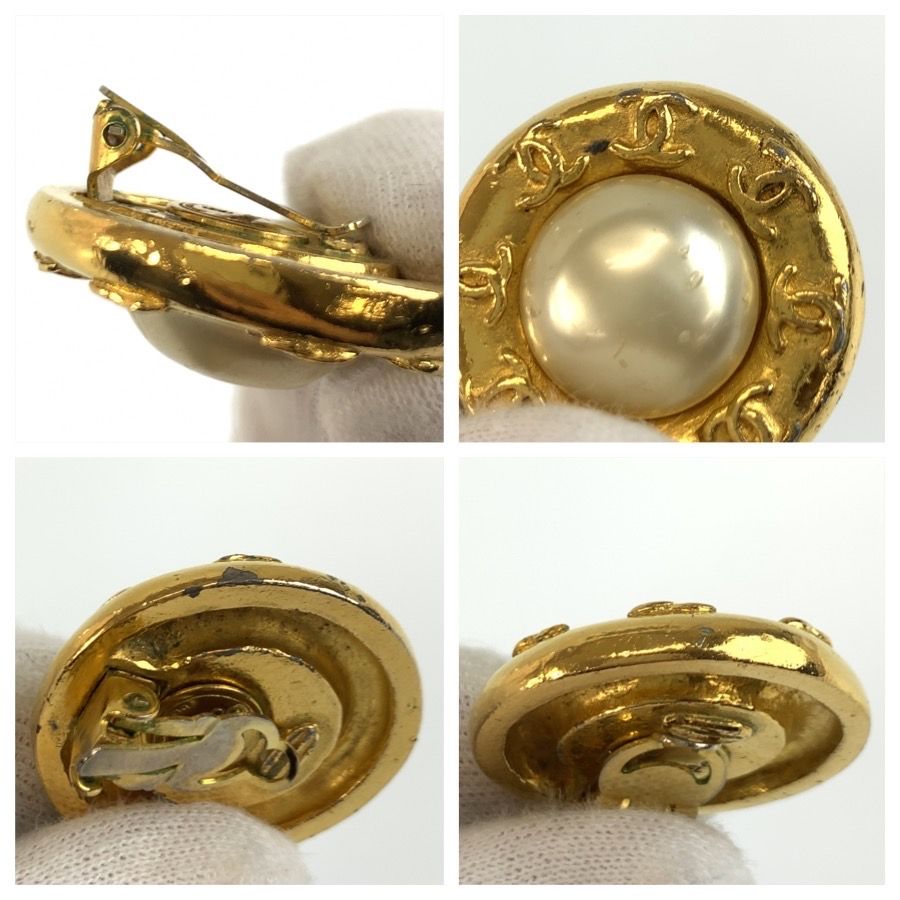 Chanel Vintage CC Logo Gold Plated Faux Pearl Earrings — view 6