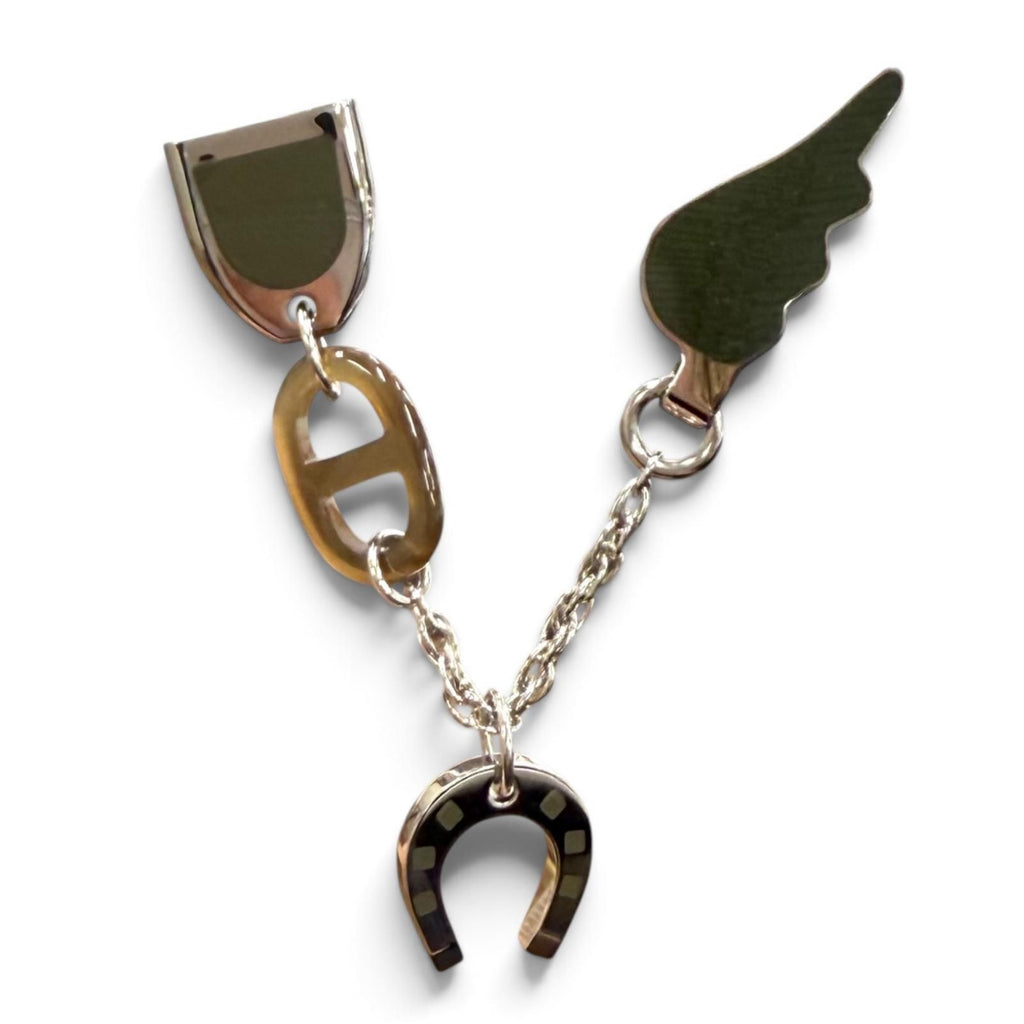 Hermes Buffalo Horn Bon Voyage Pin Brooch Chaine D'ancre Silver Brown Khaki