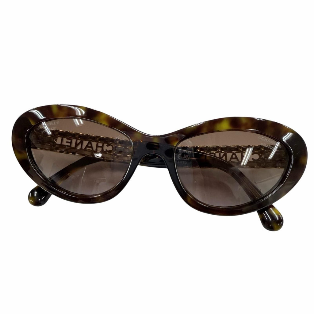 Chanel Logo Leather Cat Eye Sunglasses Brown Marble Gold Demo Lens Eyewear