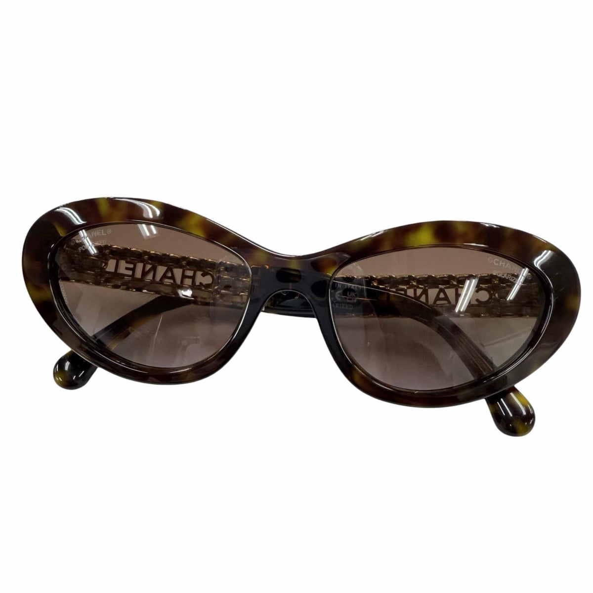 Chanel Logo Leather Cat Eye Sunglasses Brown Marble Gold Demo Lens Eyewear