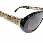 Chanel Logo Leather Cat Eye Sunglasses Brown Marble Gold Demo Lens Eyewear — view 7