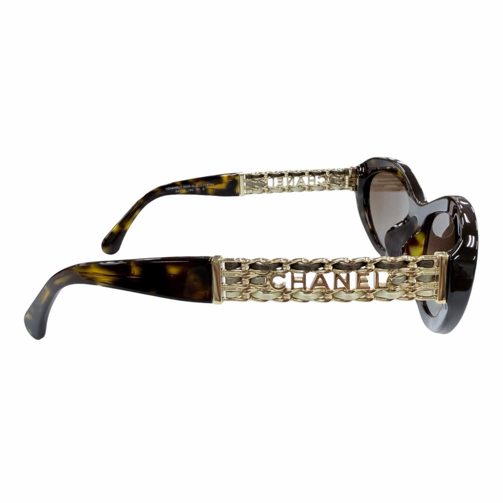 Chanel Logo Leather Cat Eye Sunglasses Brown Marble Gold Demo Lens Eyewear — view 5