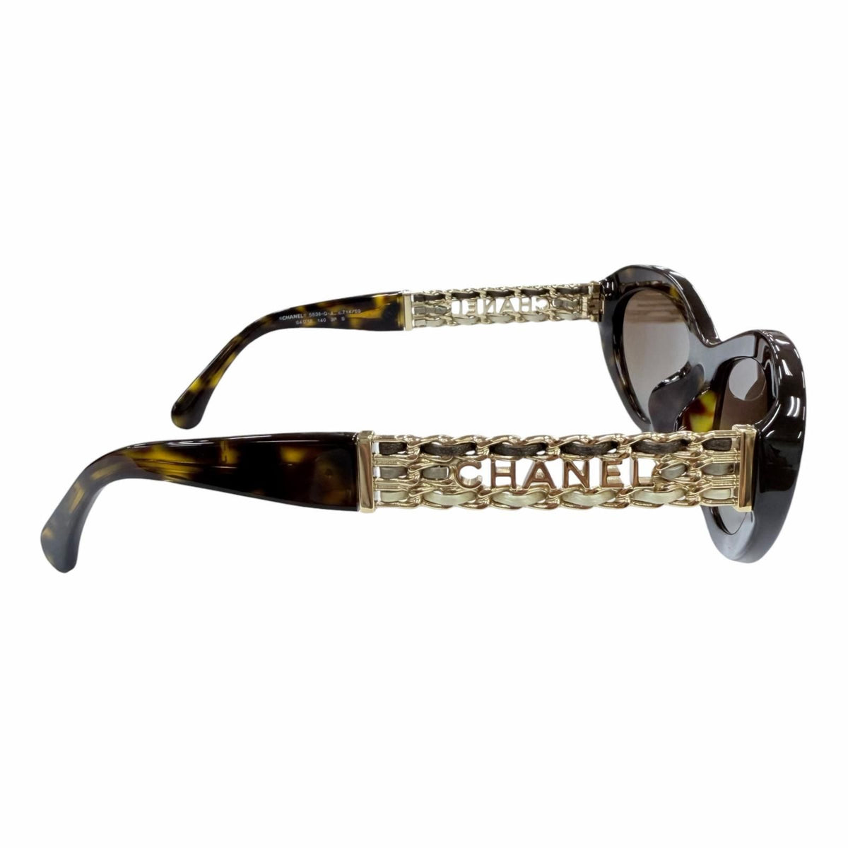 Chanel Logo Leather Cat Eye Sunglasses Brown Marble Gold Demo Lens Eyewear — view 5