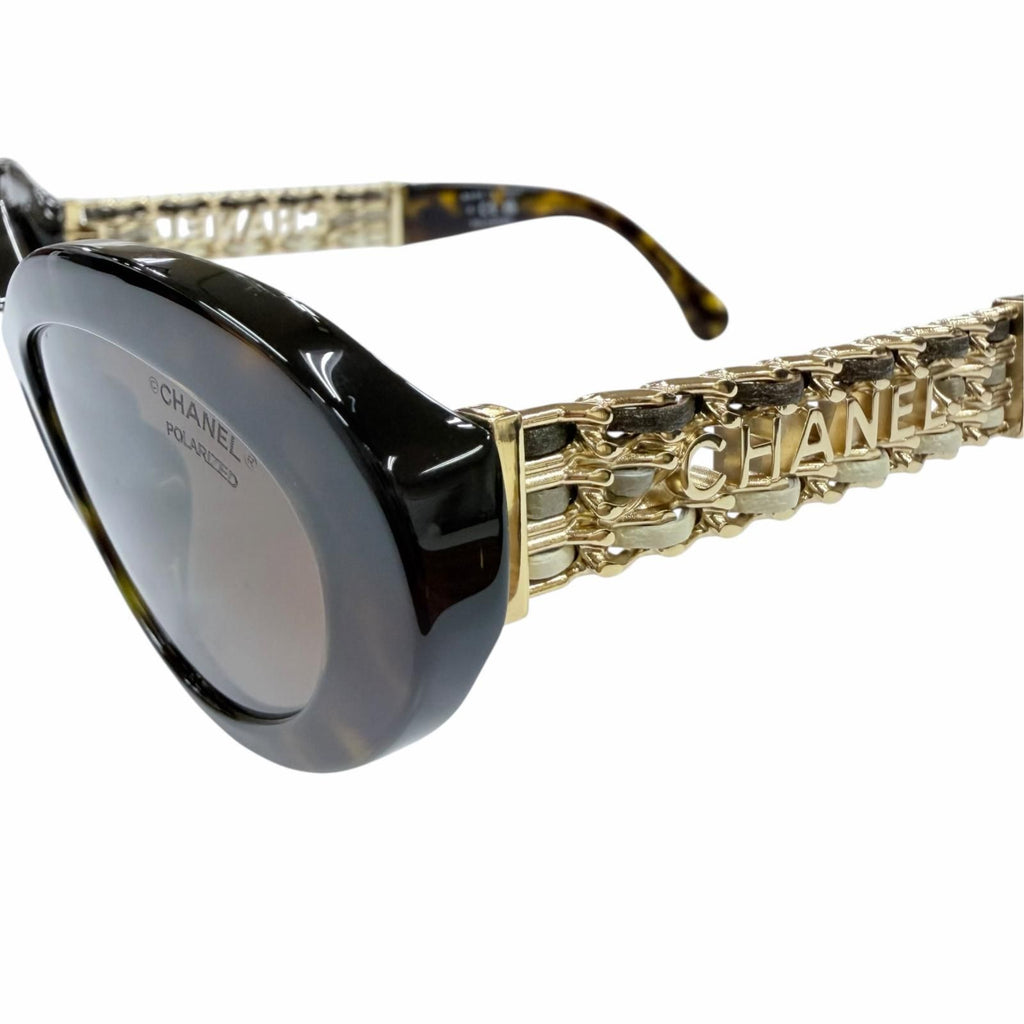 Chanel Logo Leather Cat Eye Sunglasses Brown Marble Gold Demo Lens Eyewear — view 8