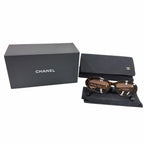 Chanel Logo Leather Cat Eye Sunglasses Brown Marble Gold Demo Lens Eyewear — view 2