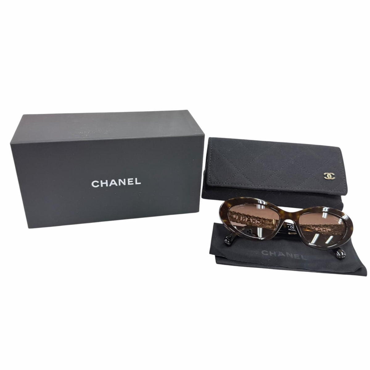 Chanel Logo Leather Cat Eye Sunglasses Brown Marble Gold Demo Lens Eyewear — view 2