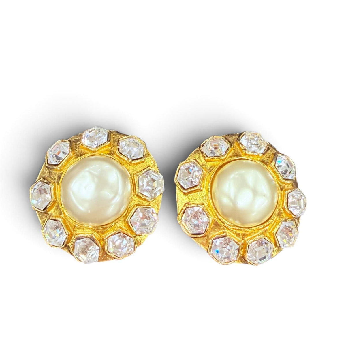 Chanel Vintage Metal Eco Pearl Crystal Bijou Earrings Gold