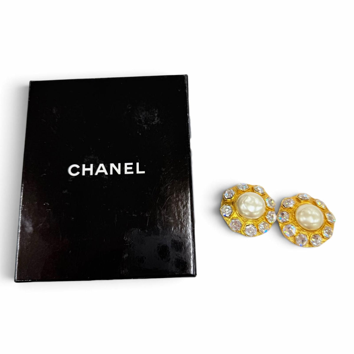 Chanel Vintage Metal Eco Pearl Crystal Bijou Earrings Gold — view 2