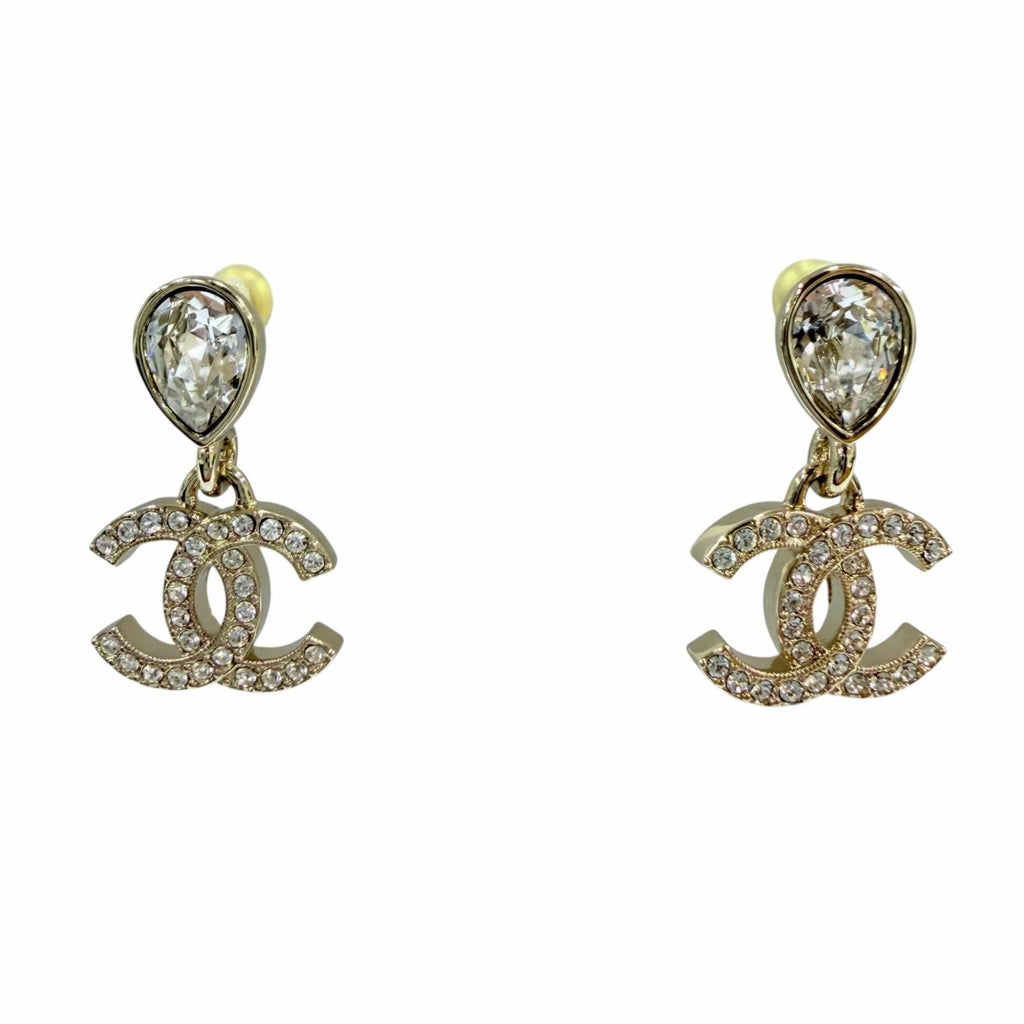 Chanel CC Logo Crystal Bijou Droplet Shape Earrings Gold