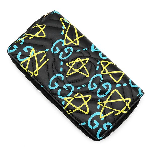 Gucci Wallet Ghost Zip Around Leather Black Yellow Blue Vintage GG Star Doodle — view 2