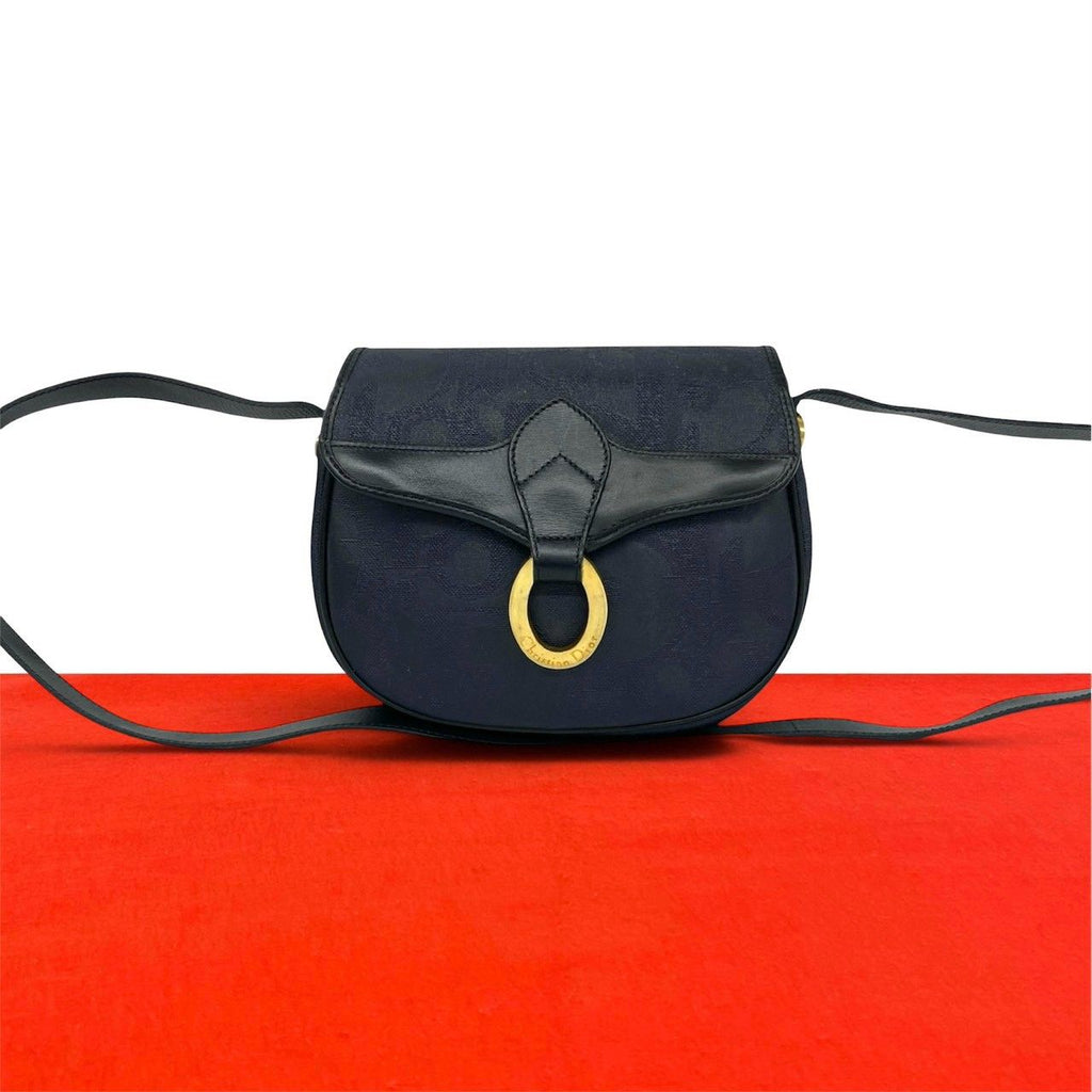 Dior Vintage Logo Trotter Leather Shoulder Bag Pochette Navy