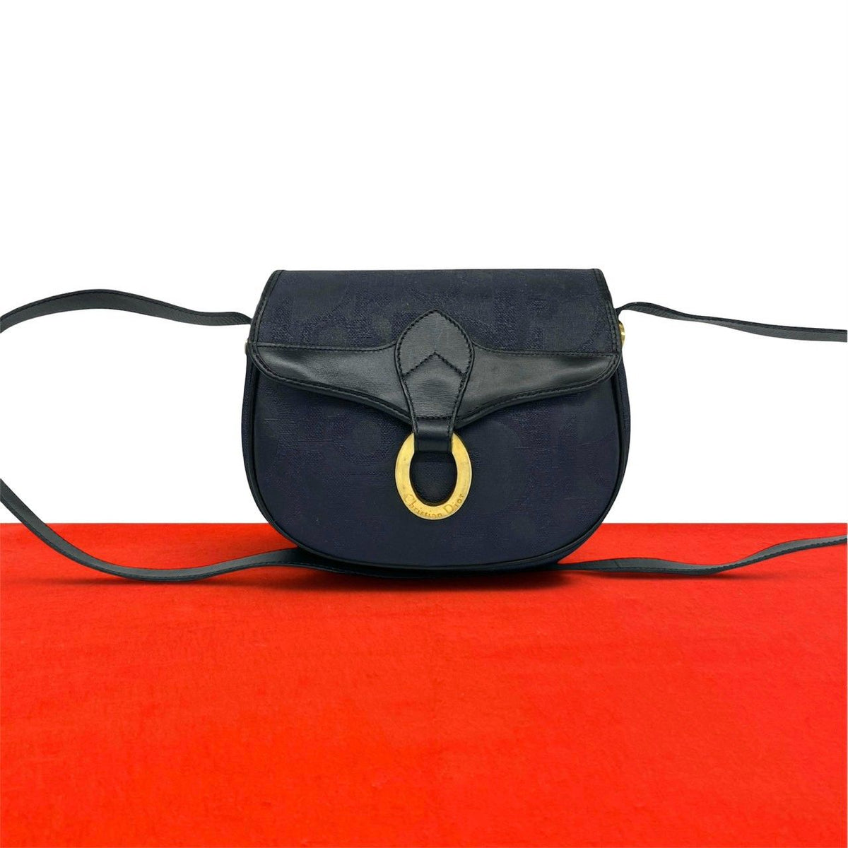 Dior Vintage Logo Trotter Leather Shoulder Bag Pochette Navy