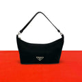 Prada Triangle Logo Tessuto Pocono Nylon Leather Shoulder Bag Black