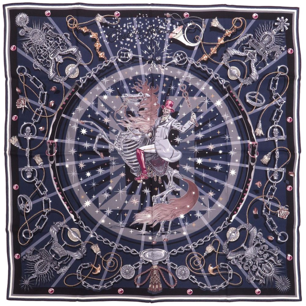 Hermes Carre 65 C'est la Fete Silk Navy Scarf