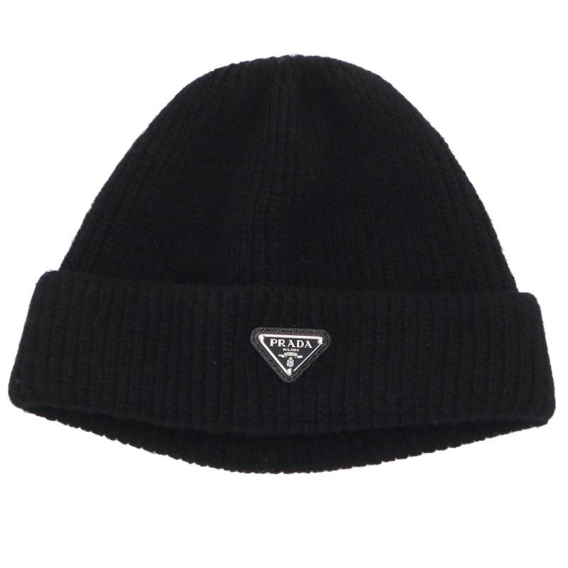 Prada Triangle Plate Wool Cashmere Beanie XL Hat