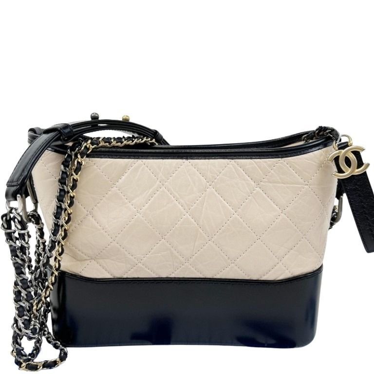 Chanel Shoulder Bag Gabrielle Beige Black Calfskin Leather CC Logo 2-Way Chain