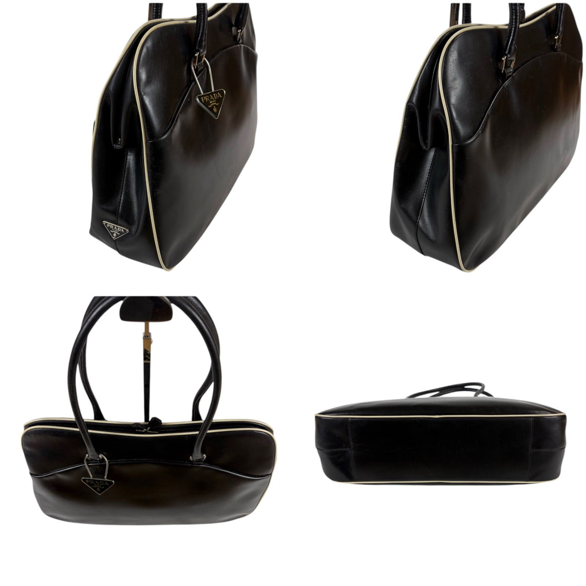 Prada Triangle Keyring Bowling Bag Logo Mirror Calfskin Black — view 3