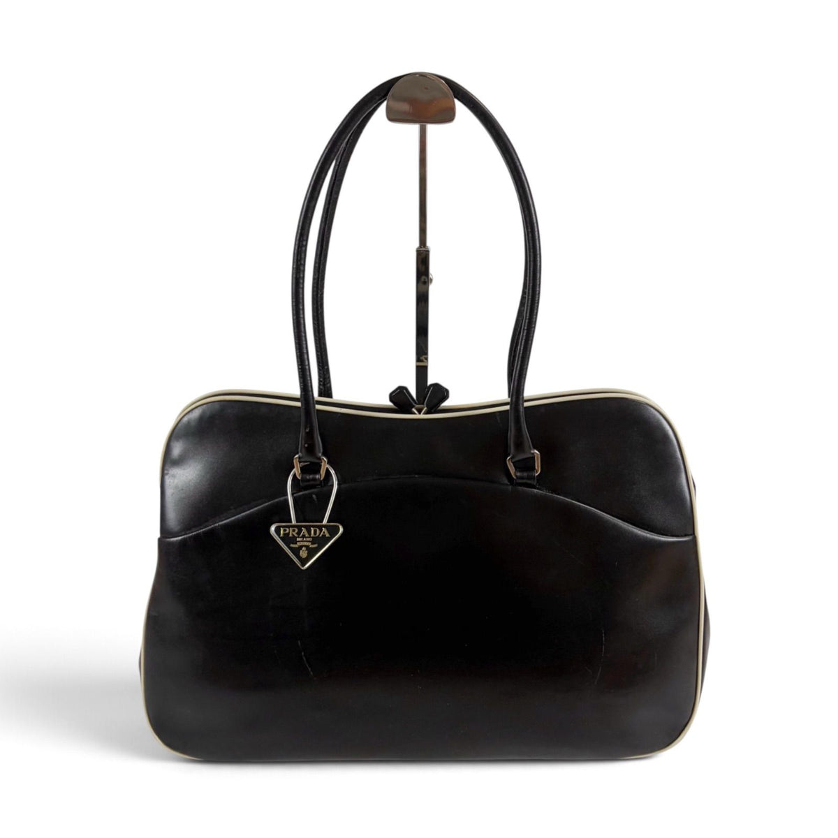 Prada Triangle Keyring Bowling Bag Logo Mirror Calfskin Black