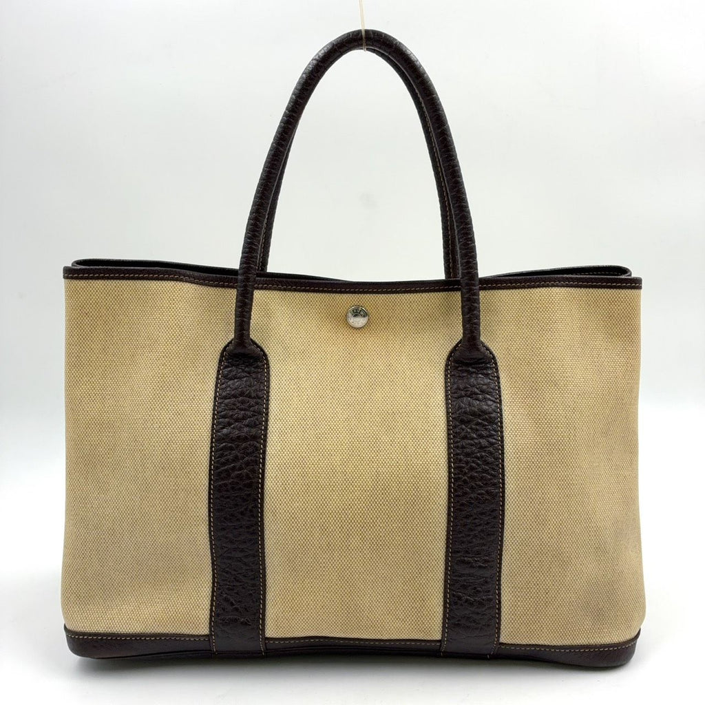 Hermes Garden Party PM Leather Canvas Ivory Brown Tote Bag Silver
