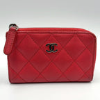 Chanel Quilted Zip Coin Purse Caviar Leather Red Mini Wallet Silver