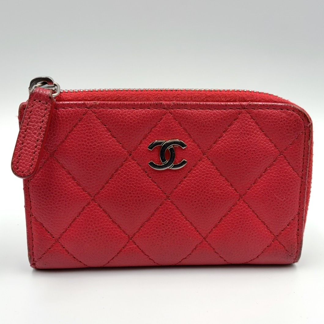 Chanel Quilted Zip Coin Purse Caviar Leather Red Mini Wallet Silver