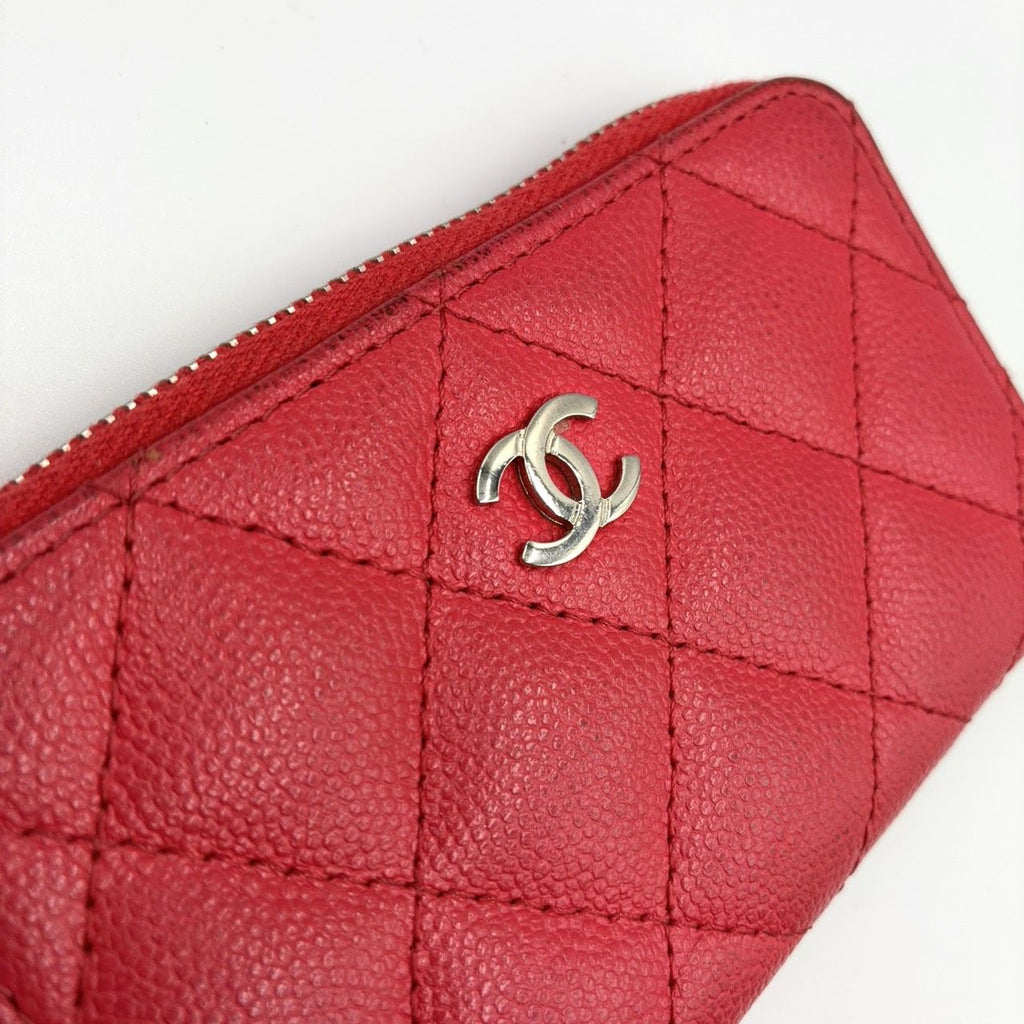 Chanel Quilted Zip Coin Purse Caviar Leather Red Mini Wallet Silver — view 7