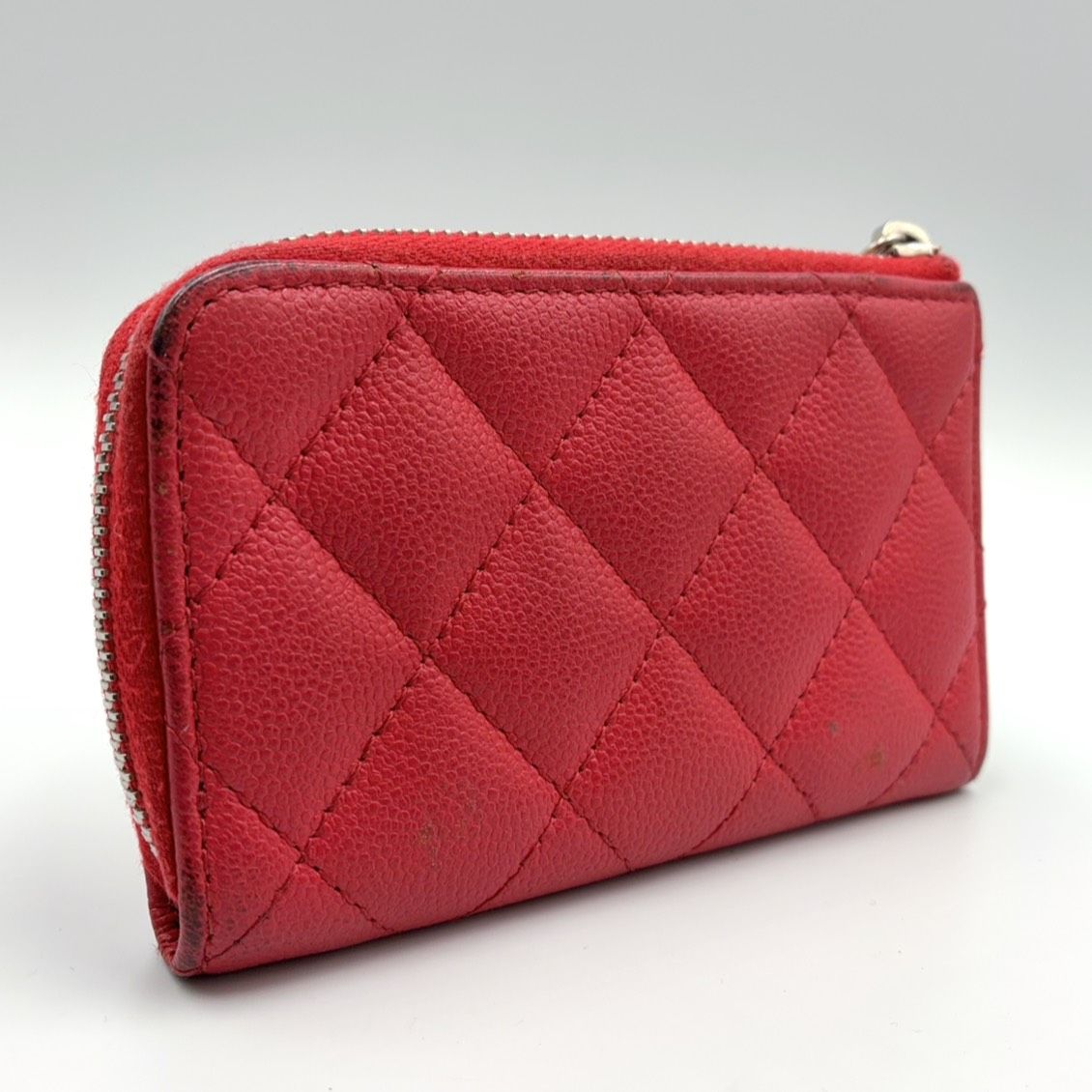 Chanel Quilted Zip Coin Purse Caviar Leather Red Mini Wallet Silver — view 2