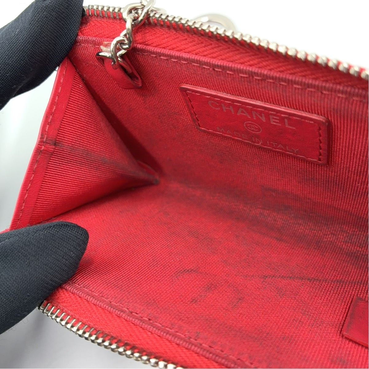 Chanel Quilted Zip Coin Purse Caviar Leather Red Mini Wallet Silver — view 5