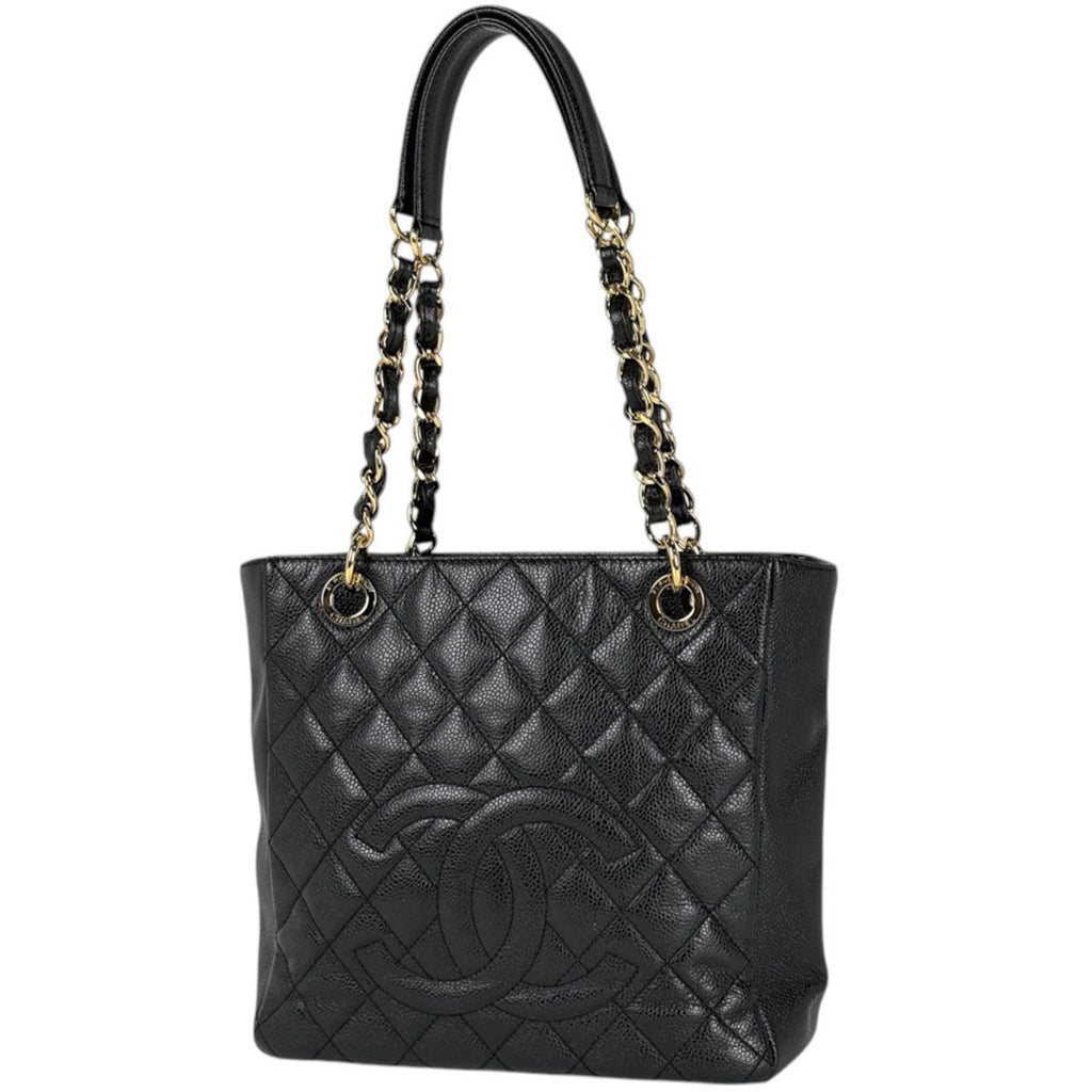 Chanel Tote Bag CC Logo Quilted Petite Shopping PST Caviar Leather Black