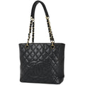 Chanel Tote Bag CC Logo Quilted Petite Shopping PST Caviar Leather Black