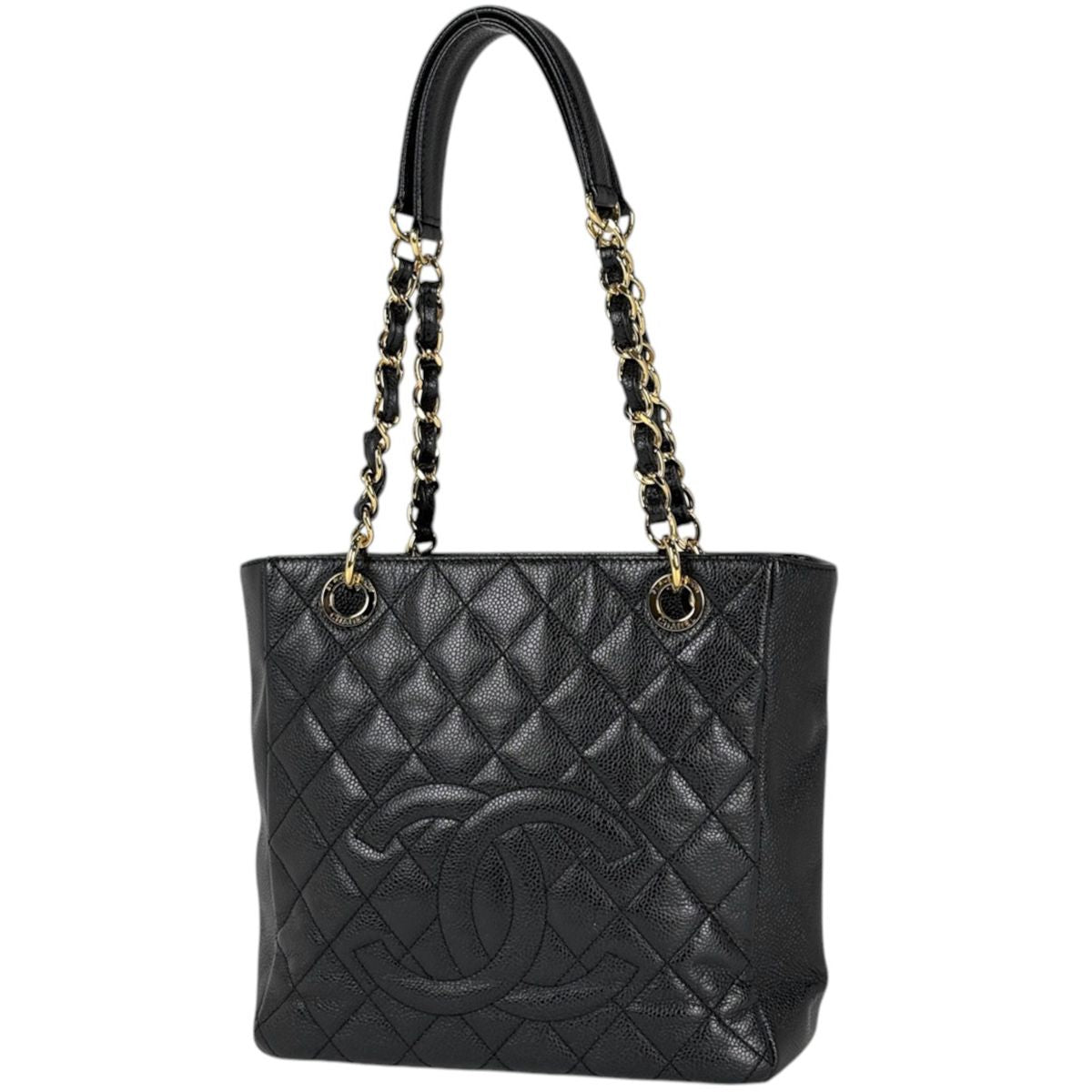 Chanel Tote Bag CC Logo Quilted Petite Shopping PST Caviar Leather Black