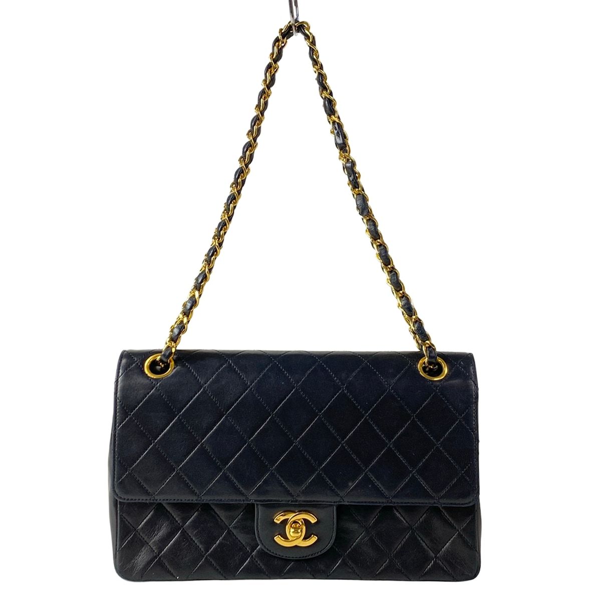 Chanel Shoulder Bag Double Flap Quilted Black Chain Gold Lambskin