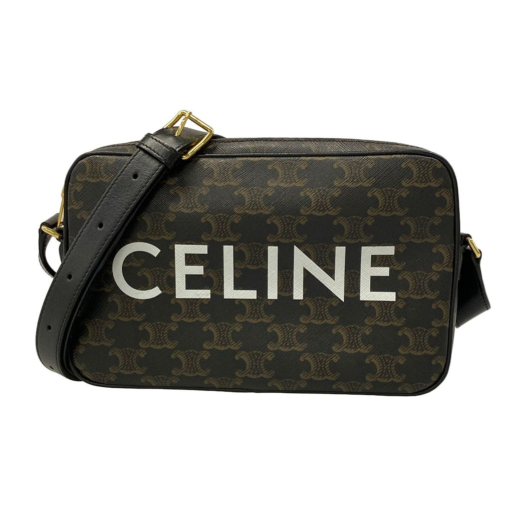 Celine Shoulder Bag Medium Triomphe Canvas Black Dark Brown White Leather