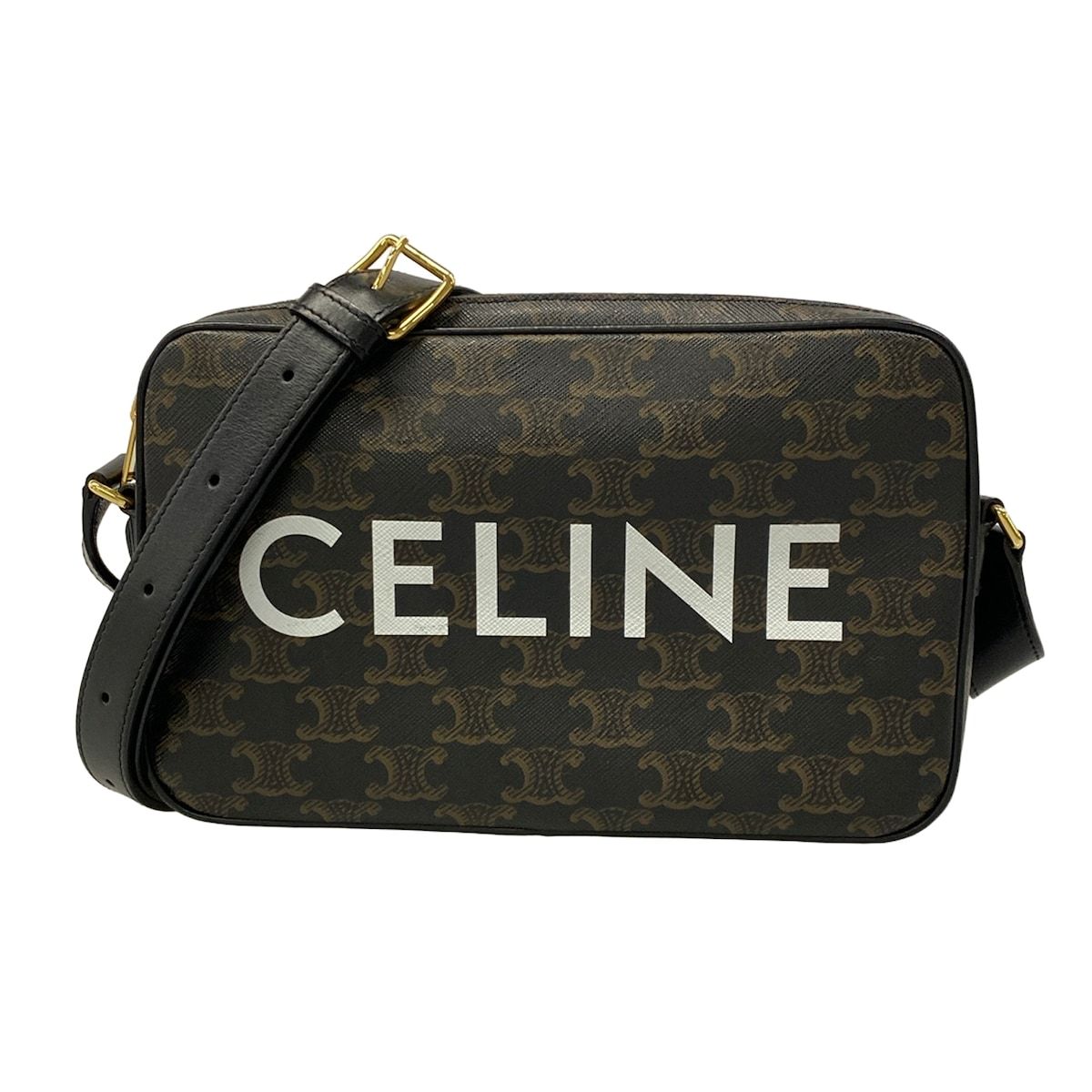 Celine Shoulder Bag Medium Triomphe Canvas Black Dark Brown White Leather