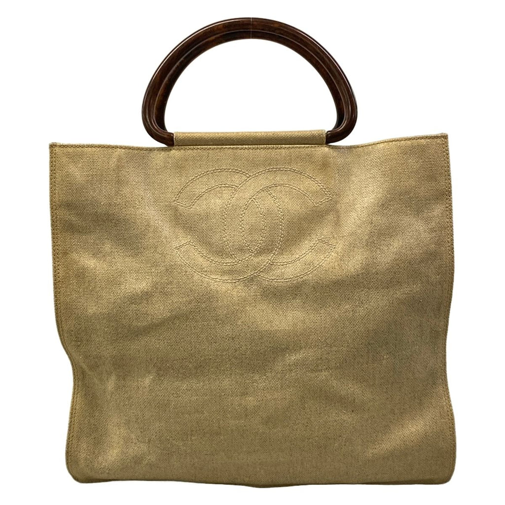 Chanel Tote Bag Ivory CC Logo Gold Wood Look Handle Lambskin