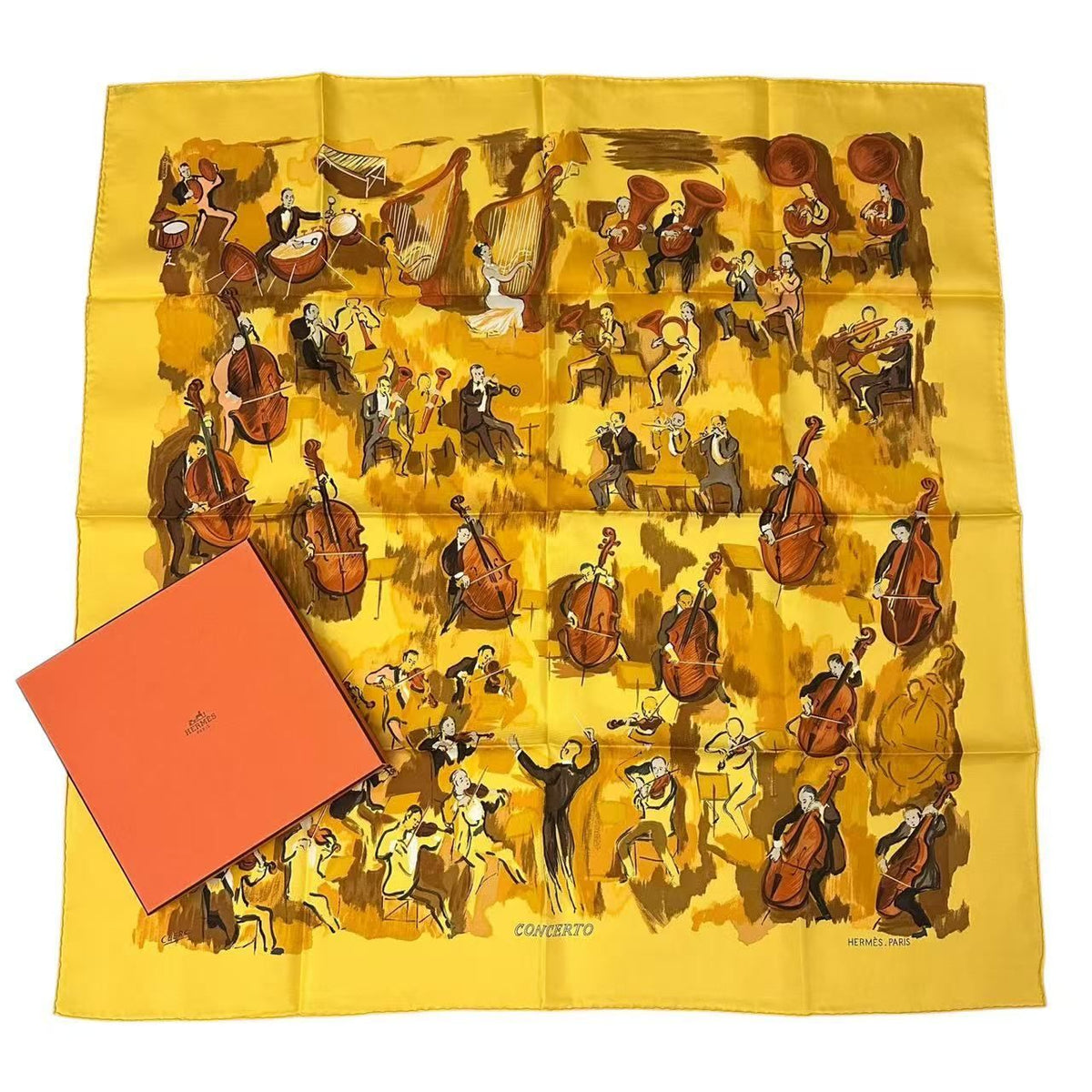 Hermes Carre 90 Concerto Yellow Silk 100% Scarf