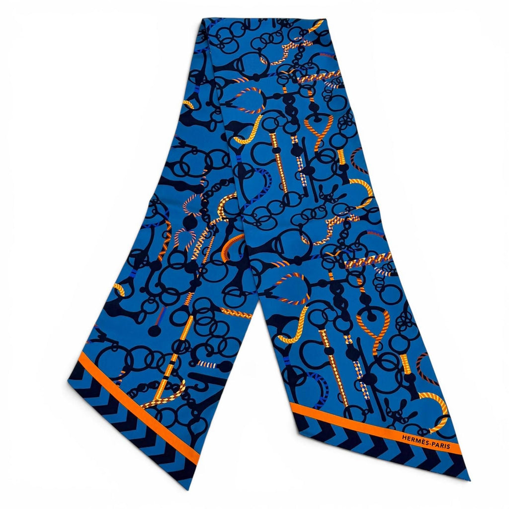 Hermes Twilly Mors Et Tresset Silk 100% Scarf Blue