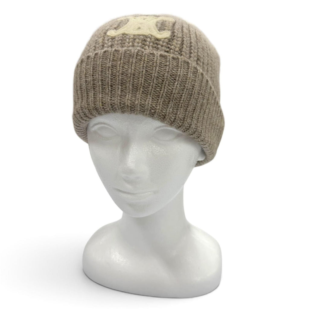 Celine Cashmere 100% Triomphe Hat with Patch Knit Cap Beige TU