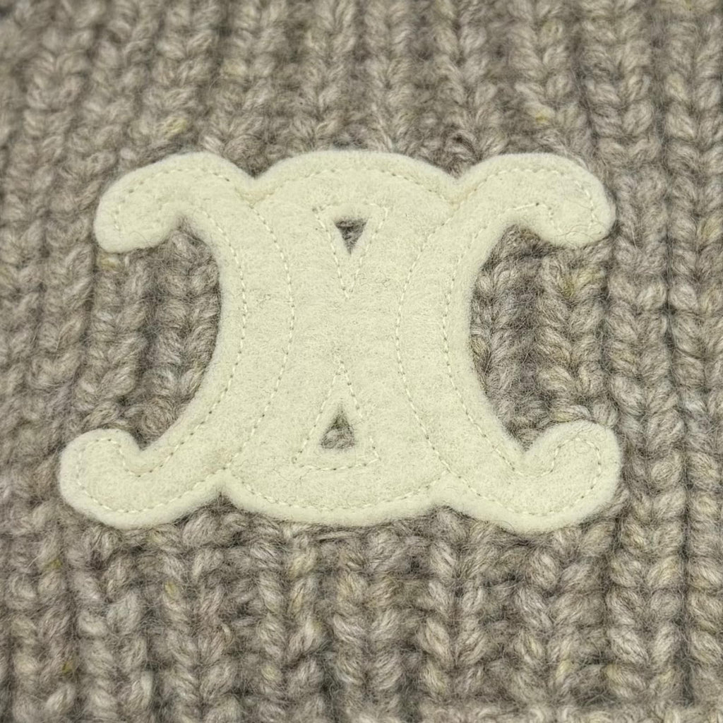 Celine Cashmere 100% Triomphe Hat with Patch Knit Cap Beige TU — view 5