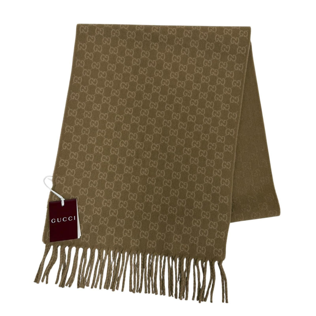 Gucci Wool Cashmere GG Jacquard Two Tone Scarf Beige 35