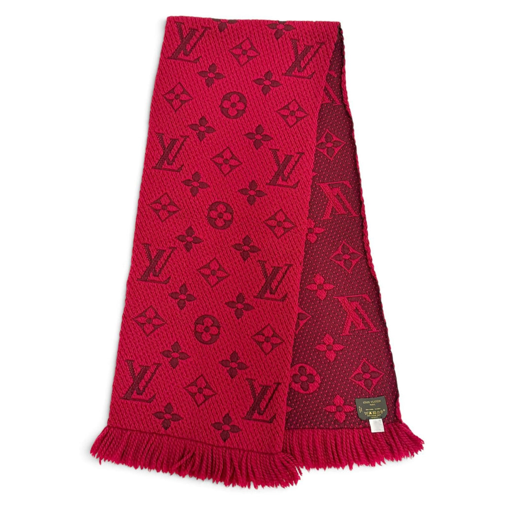 Louis Vuitton Logomania Scarf Wool Silk Ruby Monogram Fringe Red — view 4