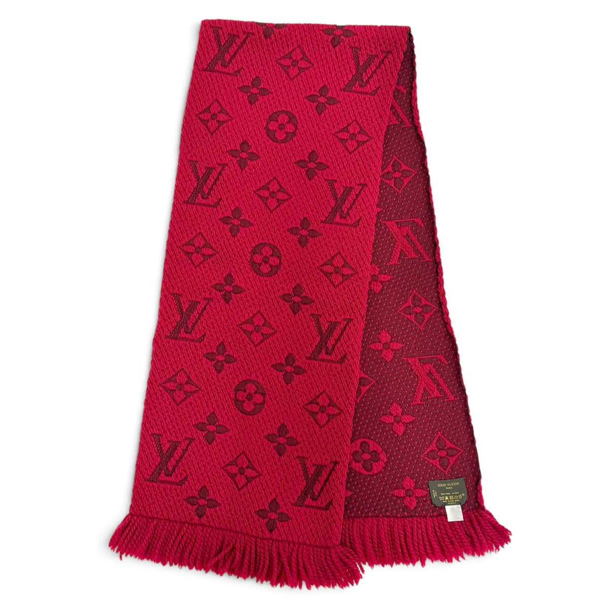 Louis Vuitton Logomania Scarf Wool Silk Ruby Monogram Fringe Red — view 4