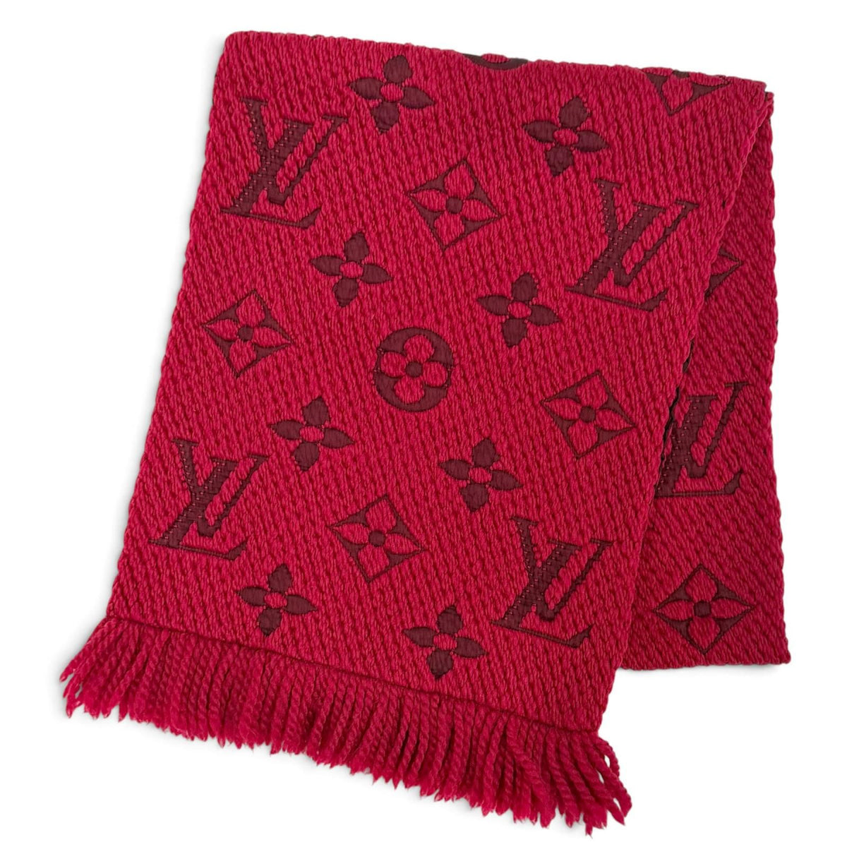 Louis Vuitton Logomania Scarf Wool Silk Ruby Monogram Fringe Red