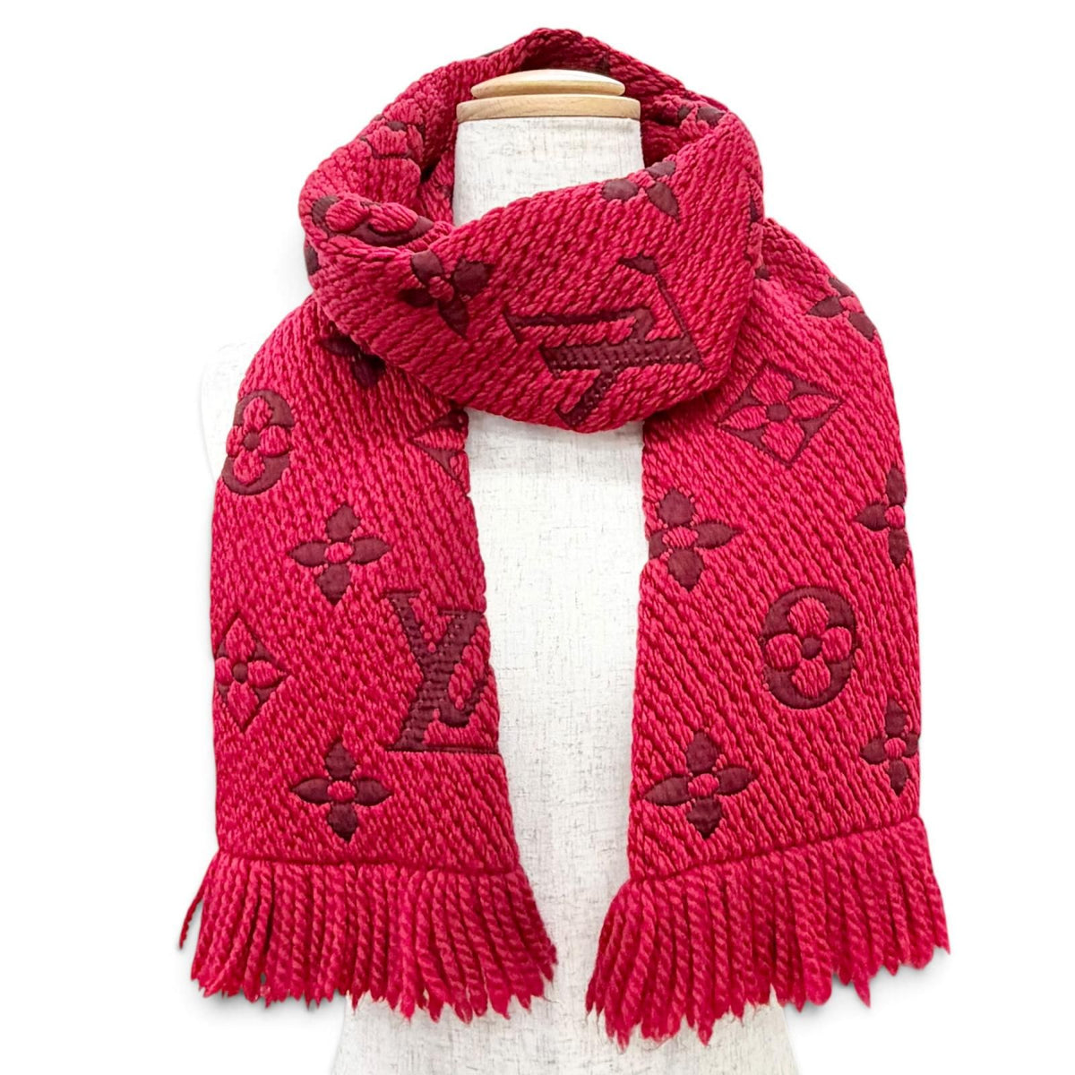 Louis Vuitton Logomania Scarf Wool Silk Ruby Monogram Fringe Red — view 3