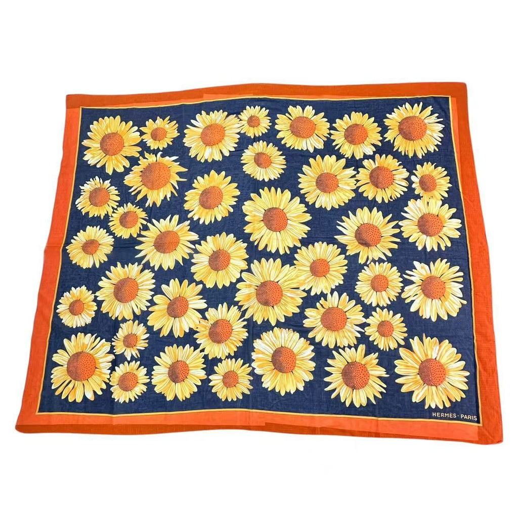 Hermes Scarf Large Sunflower Pattern Orange Navy