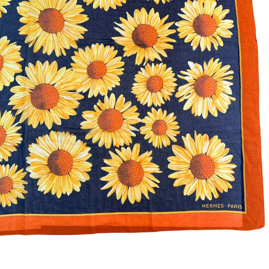 Hermes Scarf Large Sunflower Pattern Orange Navy — view 5