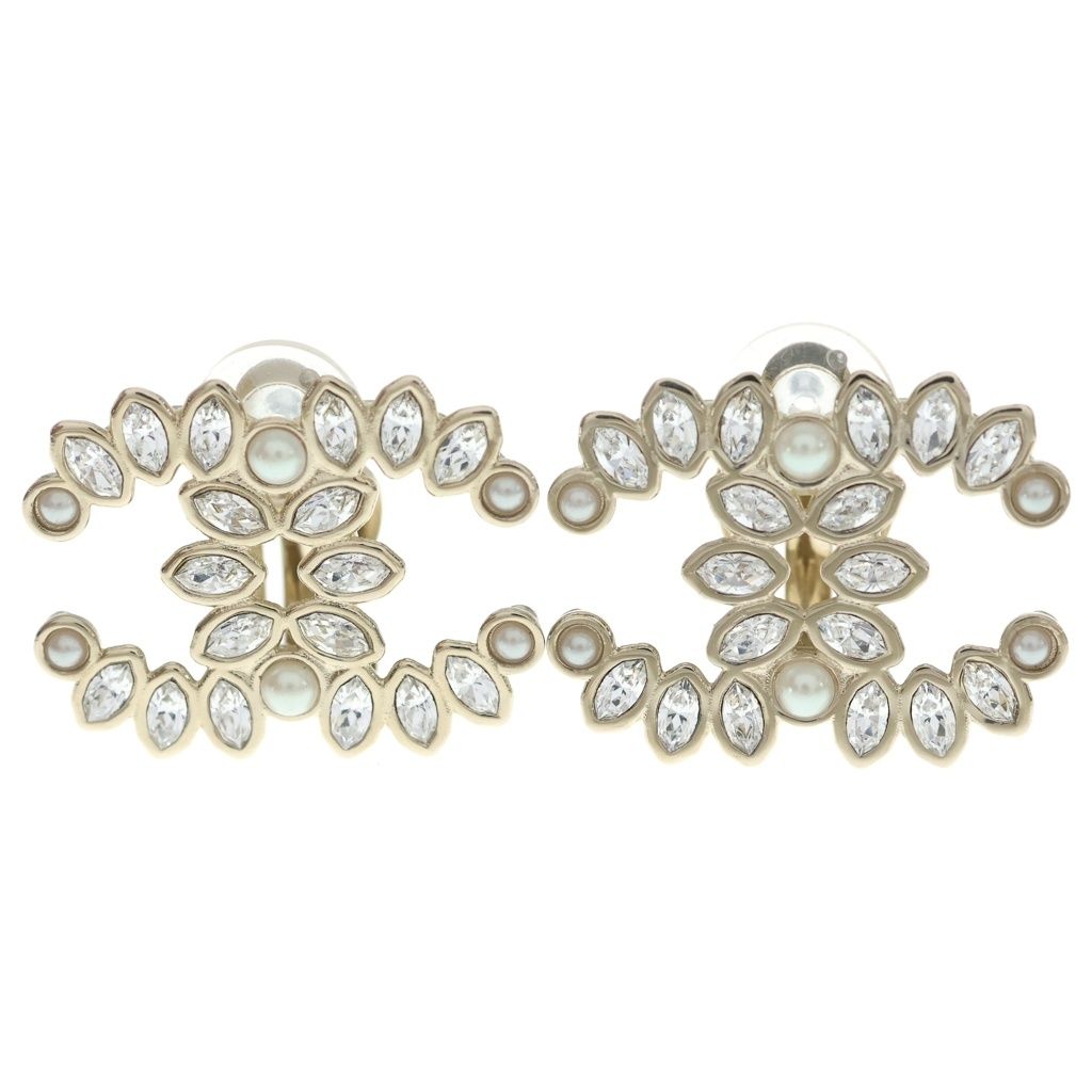 Chanel Rhinestone Faux Pearl Earrings Gold