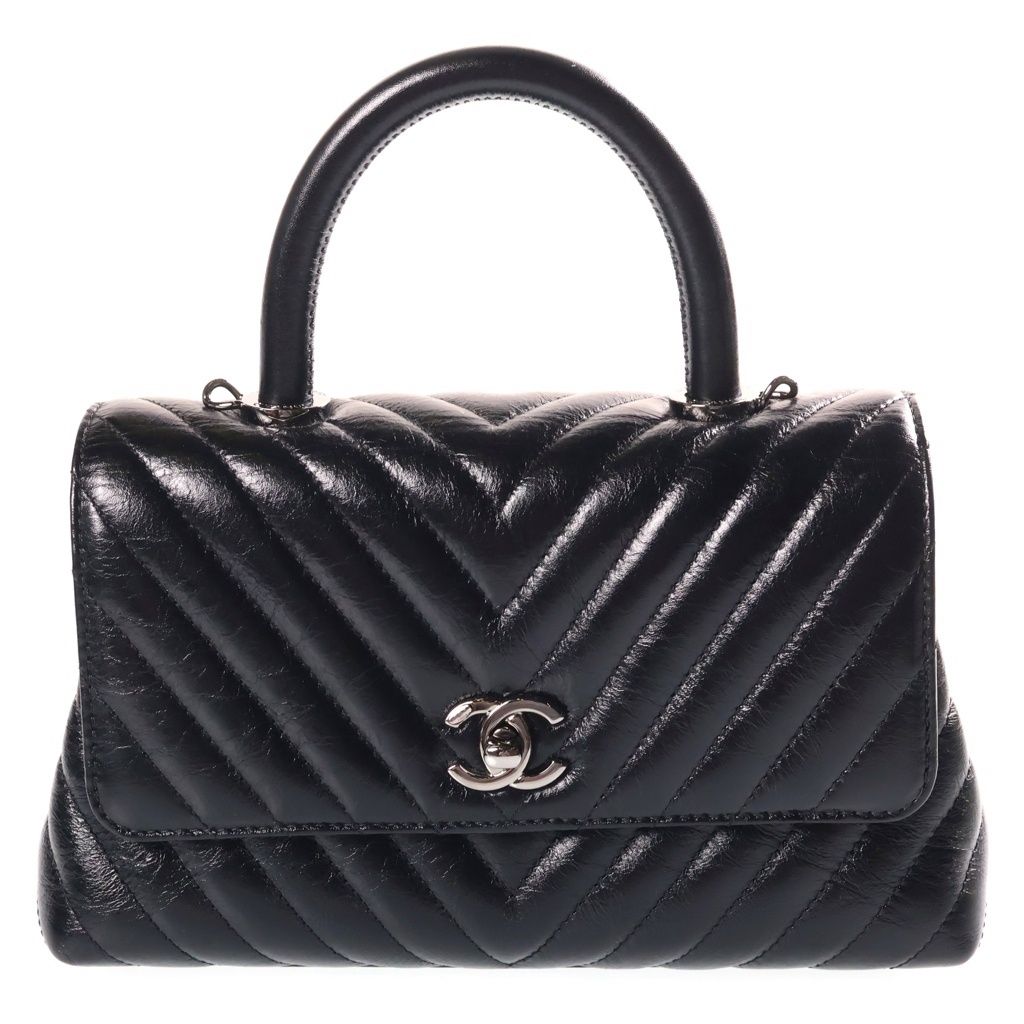 Chanel Chevron Coco Handle 24 2-Way Mini Shoulder Bag Black Shiny Calfskin