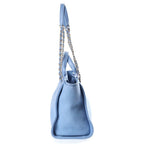 Chanel Deauville Small Shopping Bag Chain Handbag Blue Leather Canvas Plate Gold — view 3