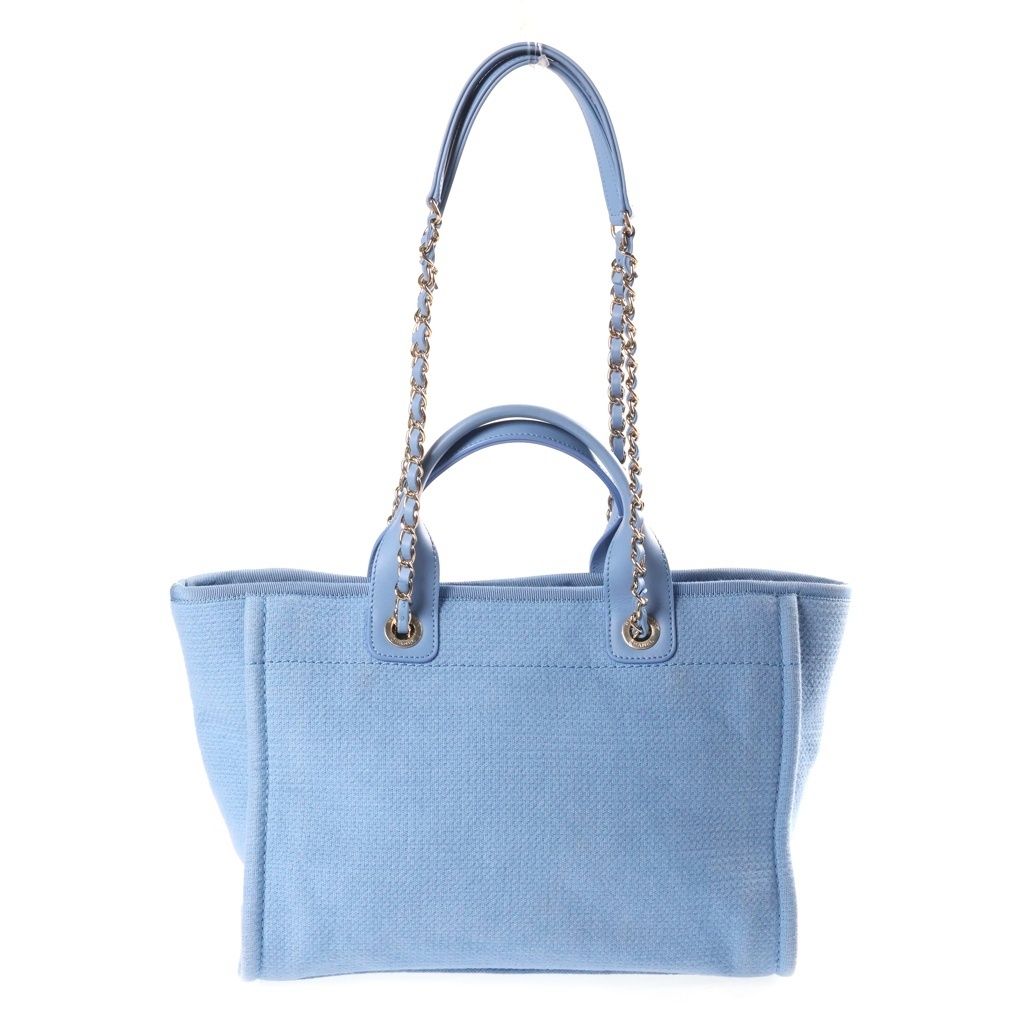 Chanel Deauville Small Shopping Bag Chain Handbag Blue Leather Canvas Plate Gold — view 2